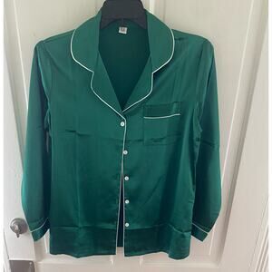 Ekouaer Women’s Size Small Pajama Set button down Christmas Green w/White Trim